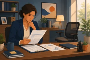 Dirigeante de TPE examinant avec inquiétude son contrat de prévoyance collective au bureau